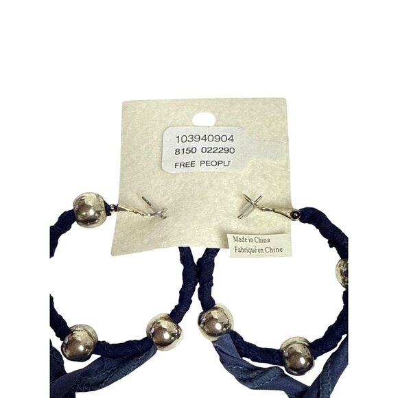 Free People Women's Earrings Blue Fabric Wrapped Hoops Silver Beads NEW Boho - Picture 3 of 3